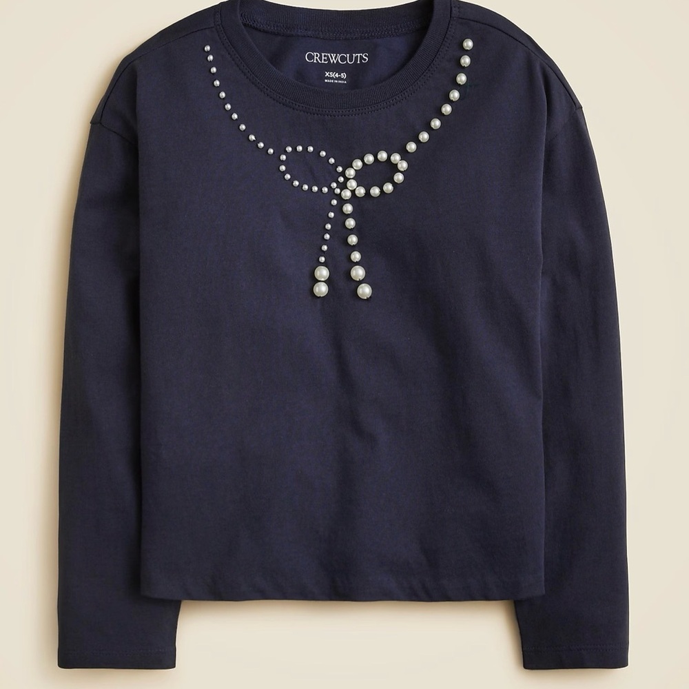 Crewcuts Navy Long Sleeve Tee with Faux Pearl Bow Detail size S 6-7